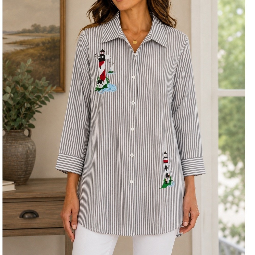 Blair Women's Large Grey White Striped Lighthouse Embroidered Button Down Shirt